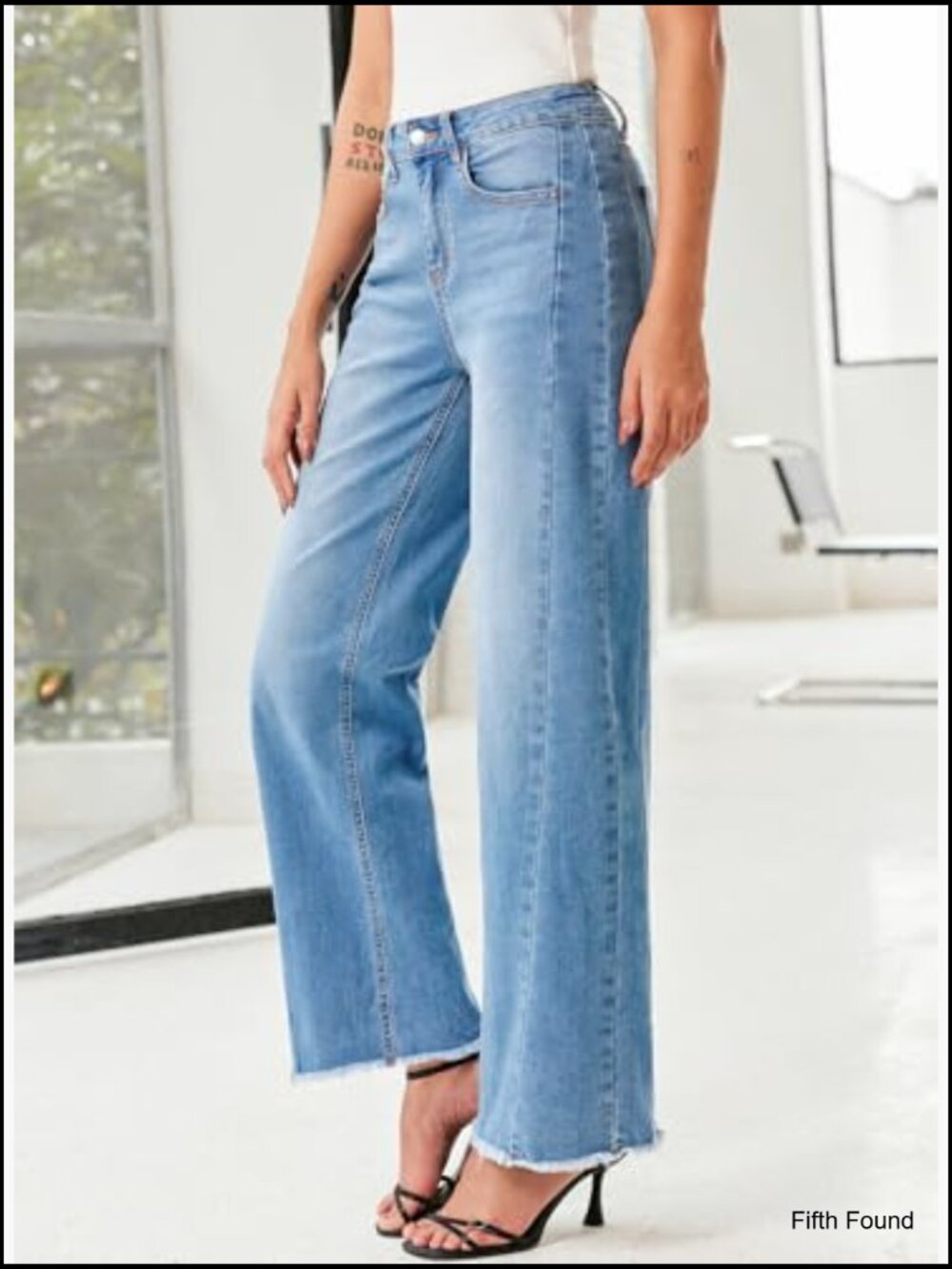 High Waisted Wide Leg Jeans Raw Hem Stretchy Denim Pants - Picture 5 of 6